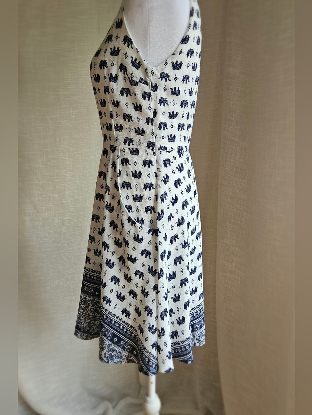 L.A. SOUL Elephant Print Sleeveless Sun Dress Blue White Paisley Border Size S - Picture 8 of 16